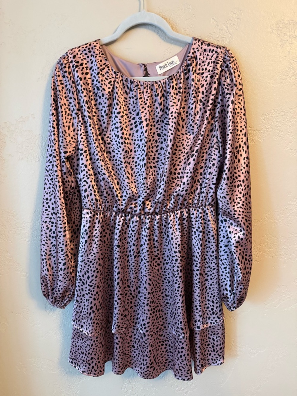 Peach Love Metallic Rose Pink Leopard Spot Knee Length Midi Dress Shiny Tiered M - Picture 3 of 13